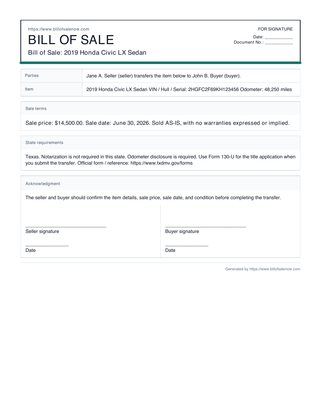Free vehicle bill of sale template PDF preview with seller, buyer, item, price, and as-is sections
