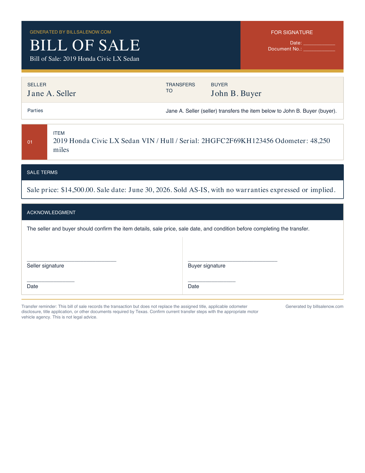 Free vehicle bill of sale template PDF preview with seller, buyer, item, price, and as-is sections